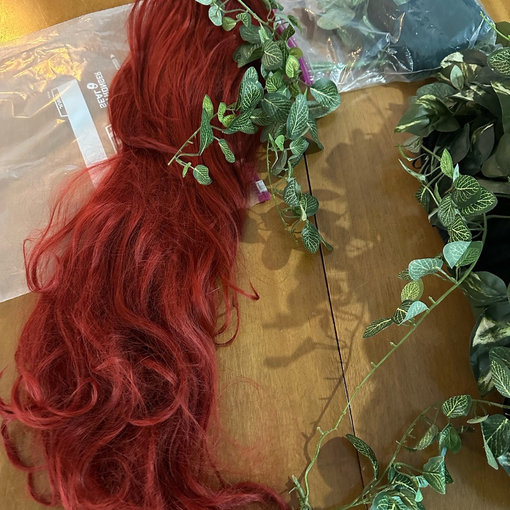 Poison Ivy costume with wig, tights, and extra leaves for emphasis.